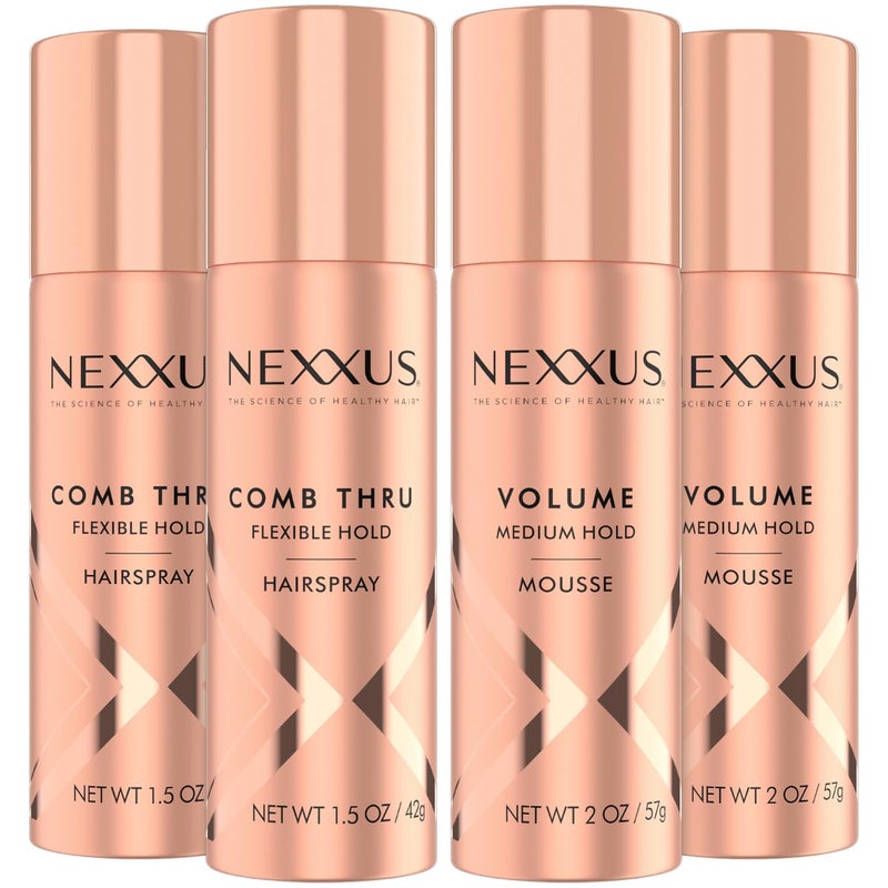 Nexxus Travel Hairspray and Mousse Bundle Comb Thru Flexible Hold Hairspray 15 Oz 2Pack Volume Medium Hold Mousse 2 Oz 2Pack AntiHumidity Frizz Control Rose Fragrance