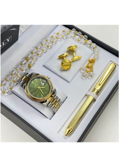 A stainless steel men's set consisting of a watch, a rosary, a pen and cufflinks half steel
