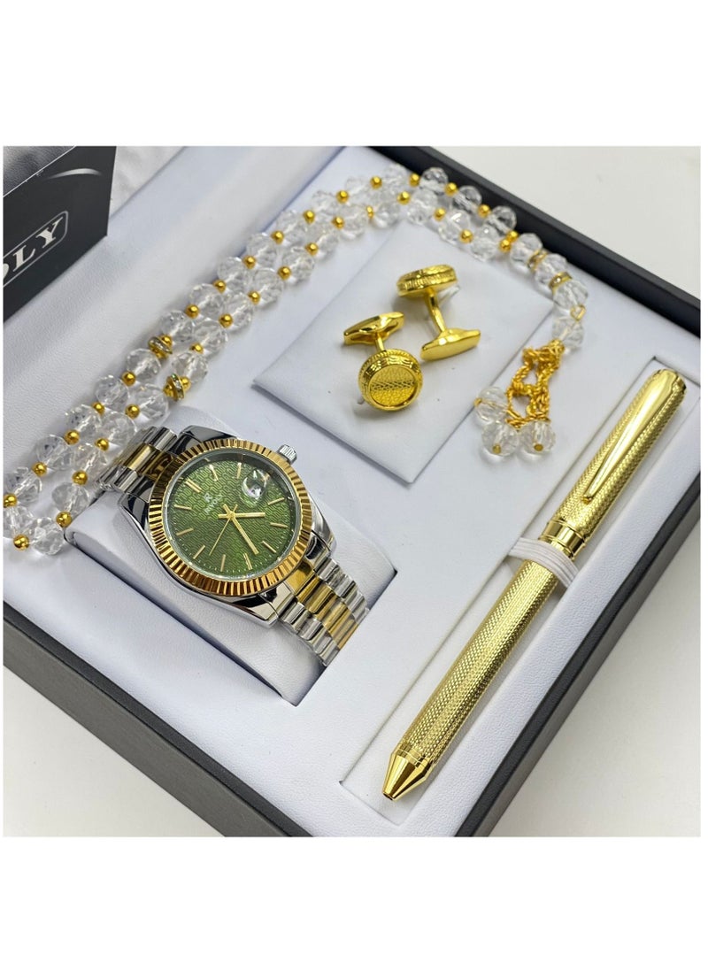 Rivoly - A stainless steel men's set consisting of a watch, a rosary, a pen and cufflinks half steel - Image 1