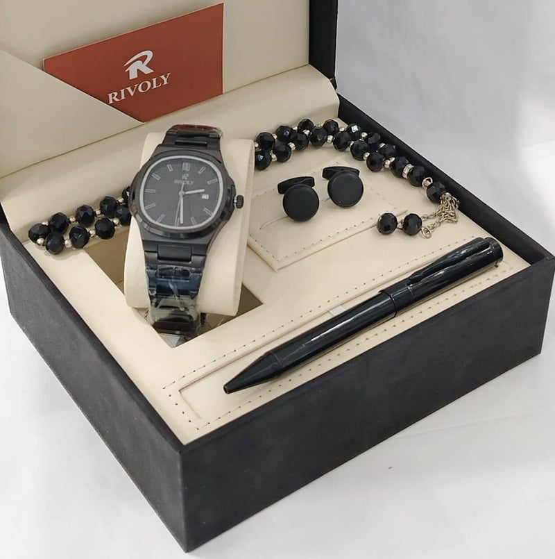A stainless steel men's set consisting of a watch, a rosary, a pen and cufflinks half steel