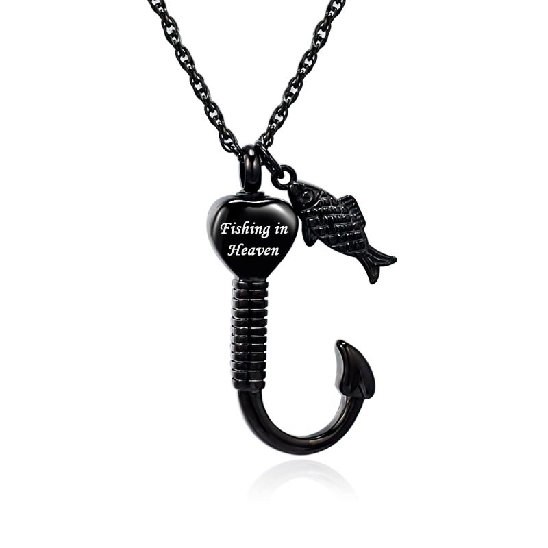 Gredstar Gone Fishing Urn Necklace for ashes Fish hook Cremation Urn Pendant Fishing in heaven Keepsake Jewelry (BLACK) - Image 1