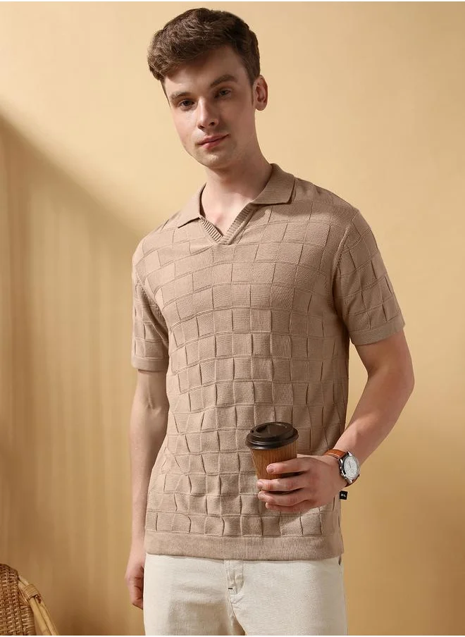 دينيس لينغو Beige 100% Cotton Regular Fit Textured Knitted Half Sleeves T-Shirts for men - Make every day iconic