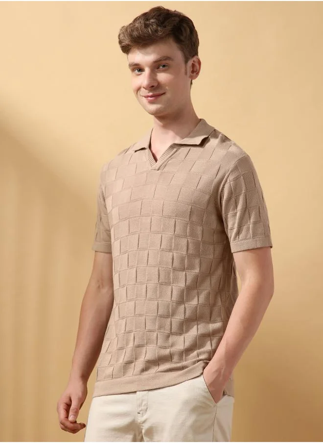 دينيس لينغو Beige 100% Cotton Regular Fit Textured Knitted Half Sleeves T-Shirts for men - Make every day iconic
