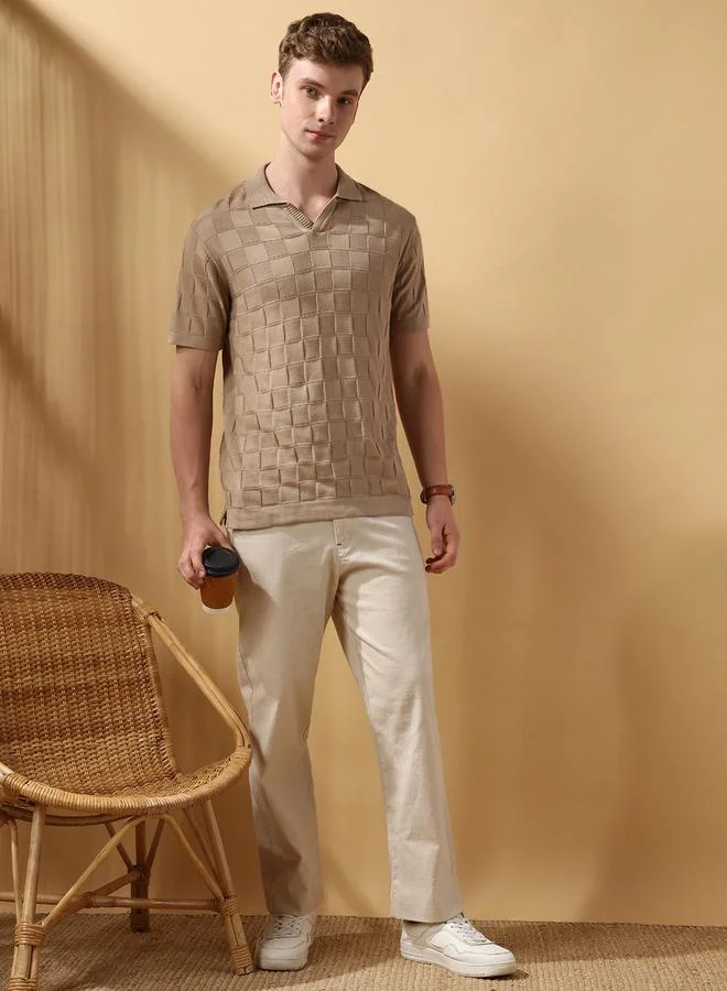Dennis Lingo Men's Beige 100% Cotton Textured Regular Fit T-Shirt