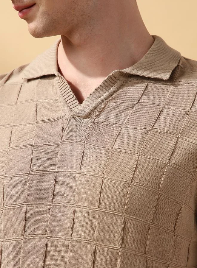 Dennis Lingo Men's Beige 100% Cotton Textured Regular Fit T-Shirt