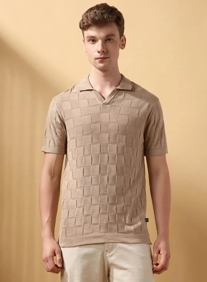 Dennis Lingo Men's Beige 100% Cotton Textured Regular Fit T-Shirt