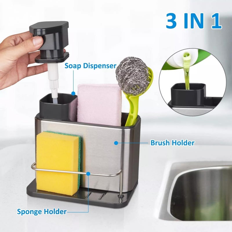 Shrux Kitchen Sink Organizer Soap Dispenser with Removable Drain Tray|3 in1 Kitchen Soap Dispenser with Sponge Holder and Brush Holder|Sink Liquid Pump Dispenser with Removable Water draining Tray - Image 2