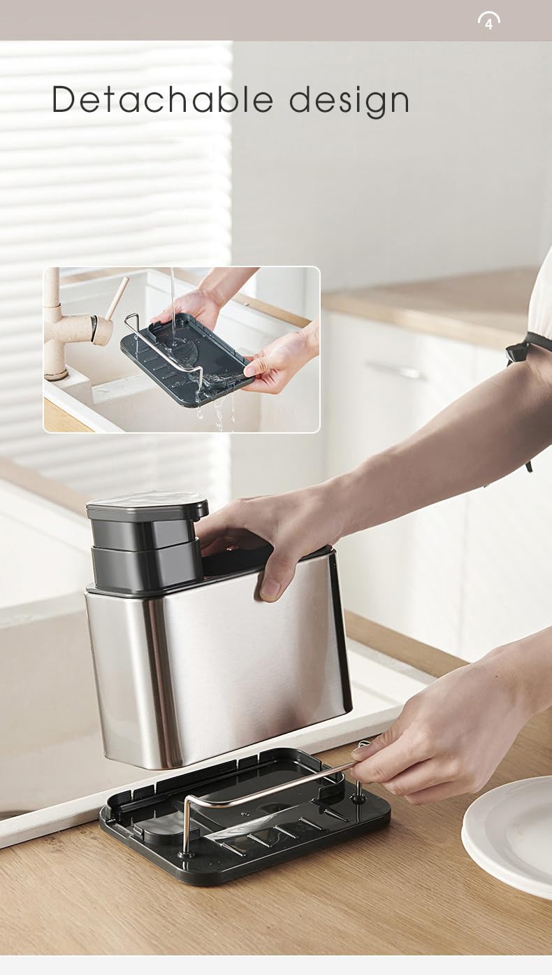 Shrux Kitchen Sink Organizer Soap Dispenser with Removable Drain Tray|3 in1 Kitchen Soap Dispenser with Sponge Holder and Brush Holder|Sink Liquid Pump Dispenser with Removable Water draining Tray - Image 4