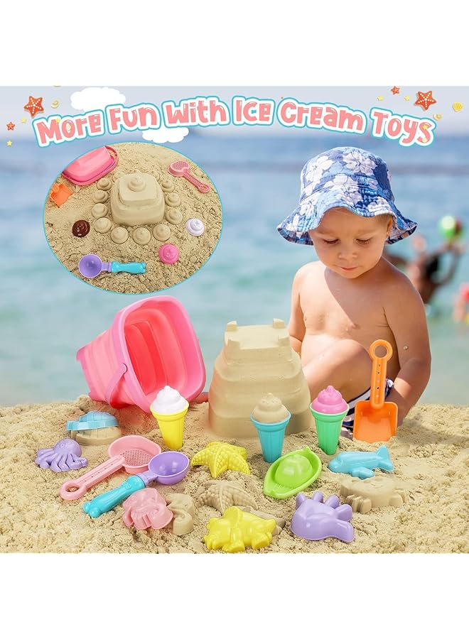 KASTWAVE Beach Toys Ice Cream Sand Toys For Toddlers With Collapsible Bucket And Shovels For Kids With Bag Travel Toys For Boys Baby Girls Age 3 4 5 6 7 8+ - Image 2