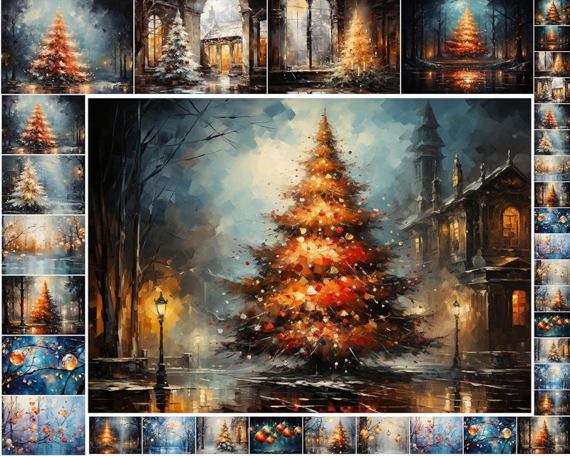 Flonz Decoupage Paper Pack (35 Sheets 6"x8") Amazing Cozy Paintings of Big Christmas Trees and Other Decorations Vintage Illustration Pictures Cards for Decoupage, Craft and Scrapbooking - Image 1