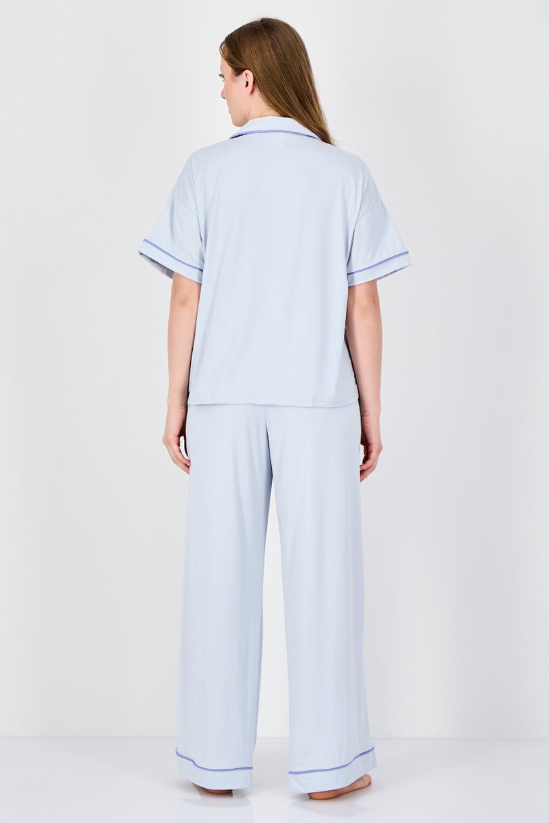 Fudo Women 2Pcs Short Sleeve Top And Bottom Pyjama Set, Sky Blue - Image 4