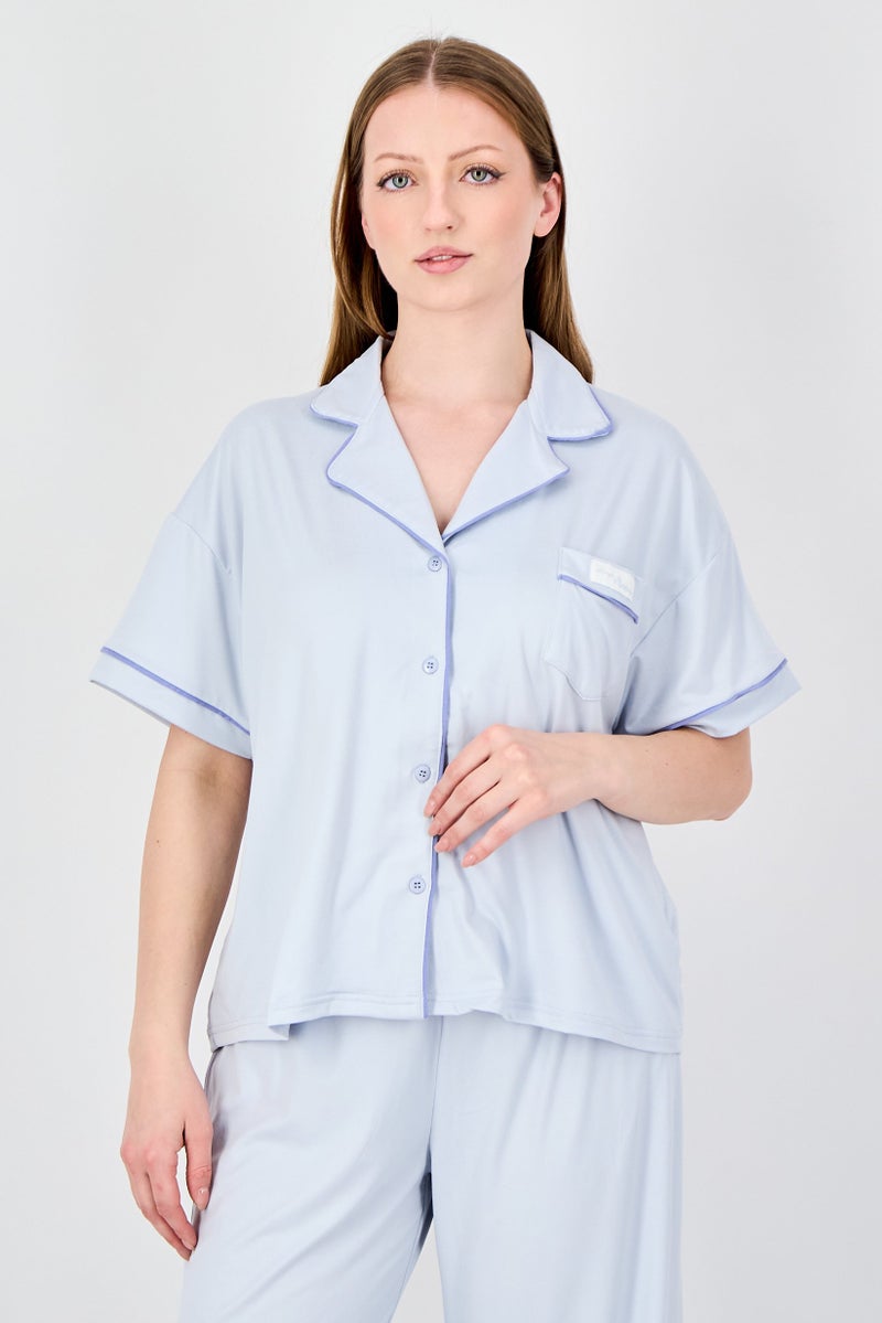 Fudo Women 2Pcs Short Sleeve Top And Bottom Pyjama Set, Sky Blue - Image 2