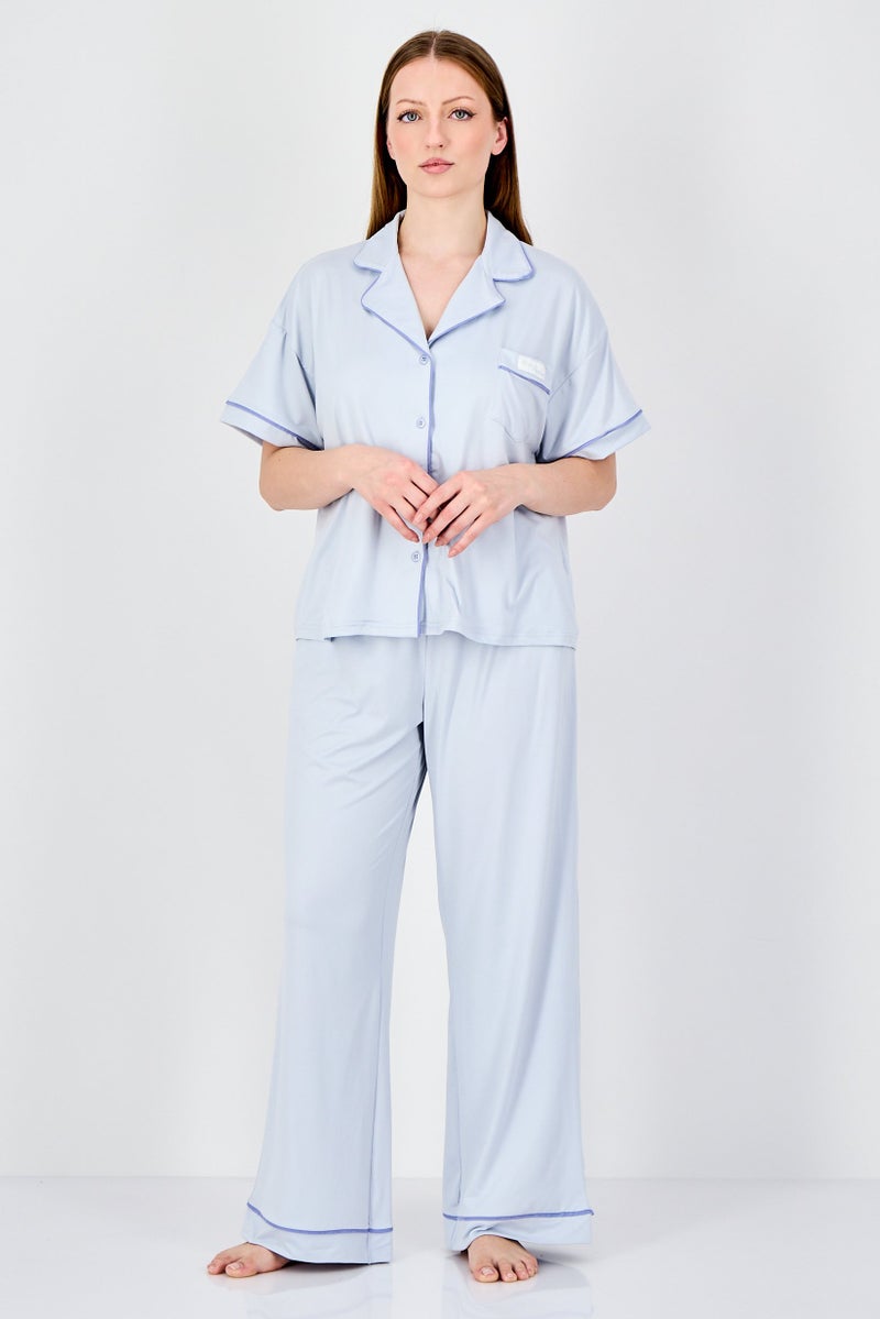 Fudo Women 2Pcs Short Sleeve Top And Bottom Pyjama Set, Sky Blue - Image 1