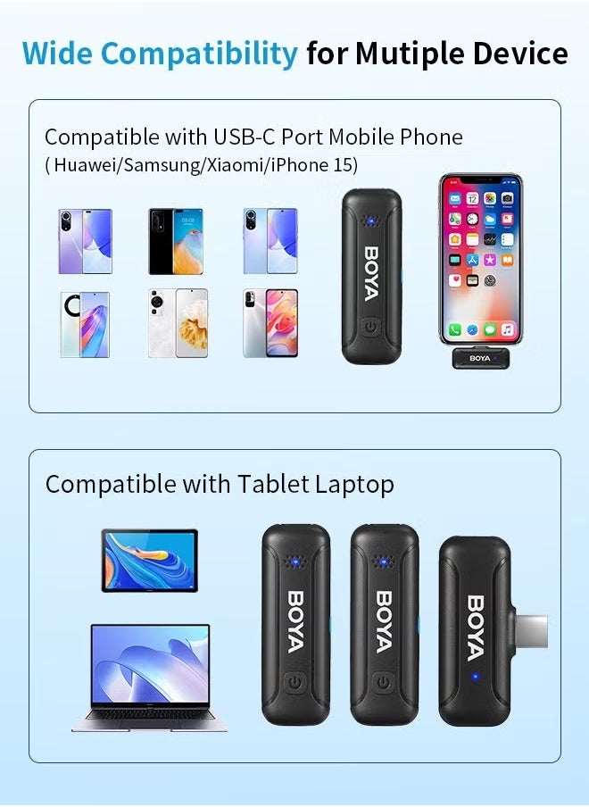 BOYA BY-WM3T-U2 Wireless Microphone for USB-C Android Smartphone Laptop, 20H Operation Time 2 Mini Plug-Play Wireless Lapel Mics for Video Recording Interview YouTube Vlog