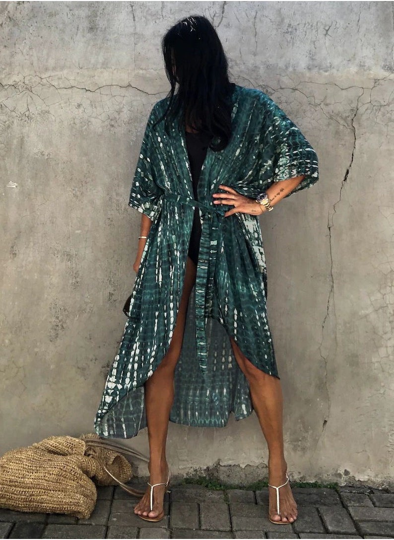 GRKC Stylish Tie Dye Open Front Long Kimono Swimsuit Cover Up for Women, Perfect Beach Resort Vacation Swimwear Shawl  - Image 2