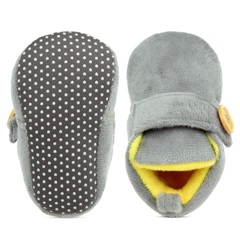 Superminis unisex-baby Dual Color Velvet Soft Base Booties/Shoes With Wooden Button 0-6 Months Grey+Lemon - Image 4