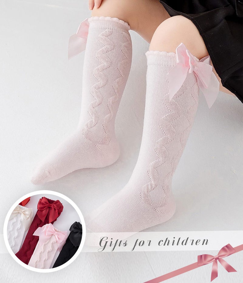 CHUNG Toddler Baby Girls Knee Hight Stocking Cotton Socks 0-7Years Solid Color Bowknot Thin Spring Summer, 4pk Braided,1-3Y - Image 4