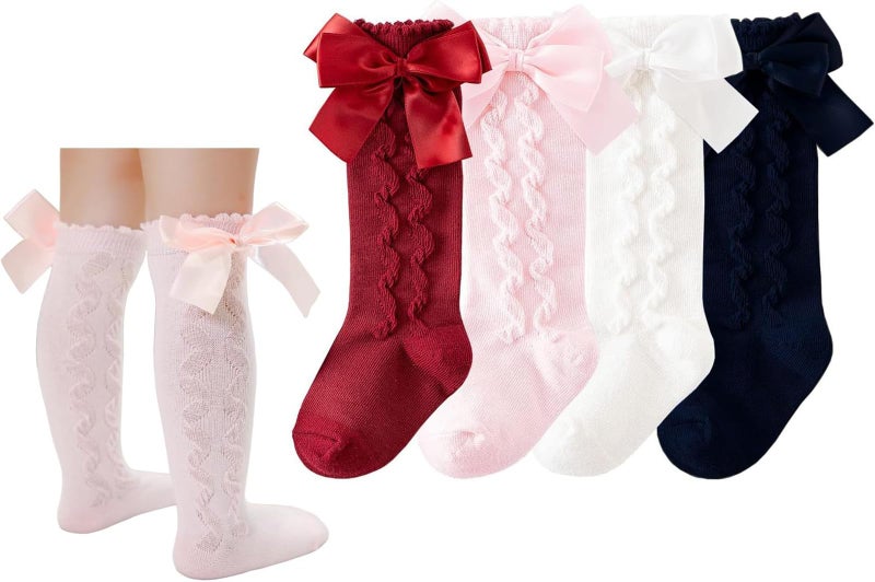 CHUNG Toddler Baby Girls Knee Hight Stocking Cotton Socks 0-7Years Solid Color Bowknot Thin Spring Summer, 4pk Braided,1-3Y - Image 1