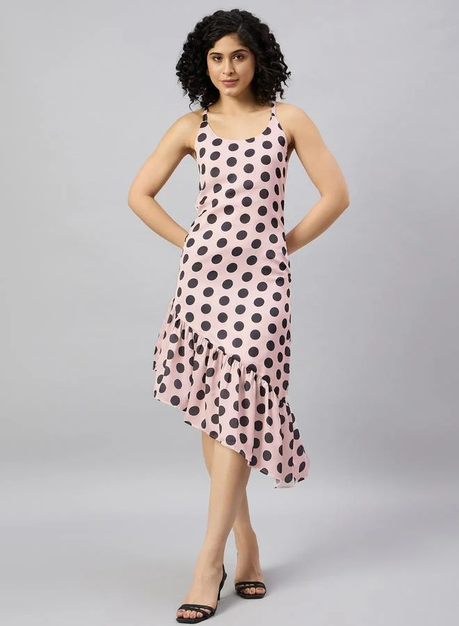 كواري فستان ميدي مطبع بنقاط بولكا وحافة غير متماثلة الطول