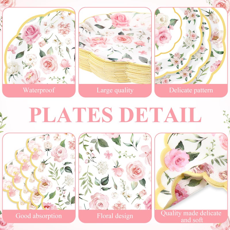 Funnymoom 250 Pcs Floral Party Decorations Flower Paper Plates Napkins and Cups Pink and Gold Floral Disposable Tableware Set for Bridal Shower Baby Shower Wedding Spring Tea Party Supplies  Serves 50 - Image 1