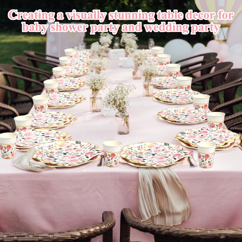 Funnymoom 250 Pcs Floral Party Decorations Flower Paper Plates Napkins and Cups Pink and Gold Floral Disposable Tableware Set for Bridal Shower Baby Shower Wedding Spring Tea Party Supplies  Serves 50 - Image 4