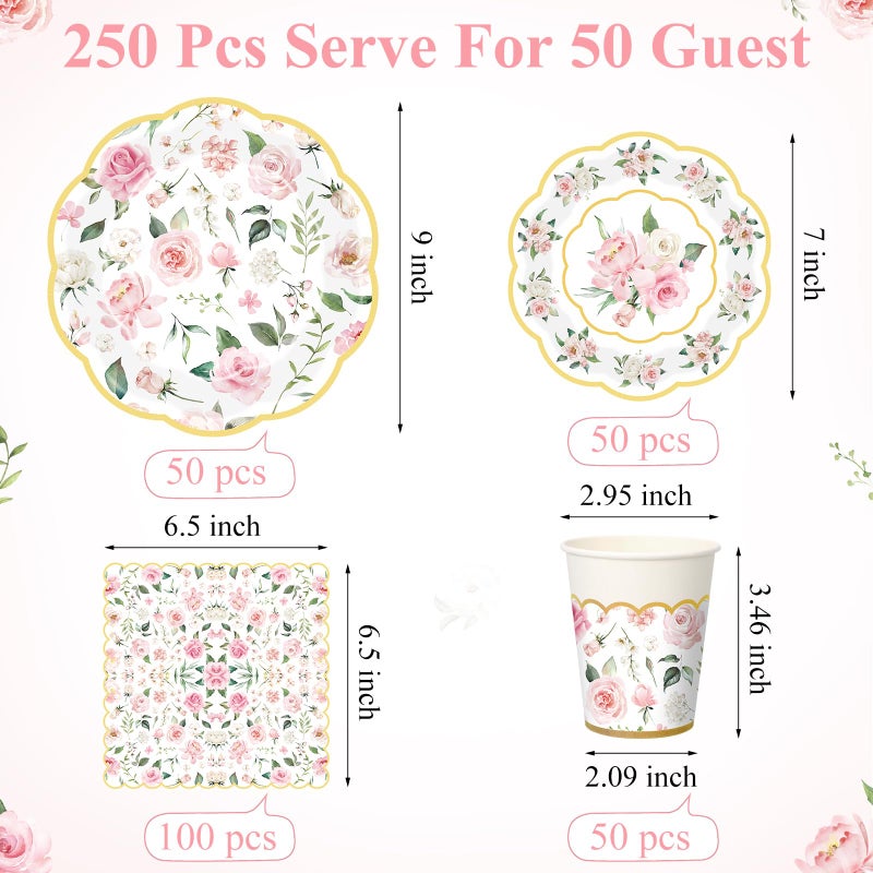 Funnymoom 250 Pcs Floral Party Decorations Flower Paper Plates Napkins and Cups Pink and Gold Floral Disposable Tableware Set for Bridal Shower Baby Shower Wedding Spring Tea Party Supplies  Serves 50 - Image 2