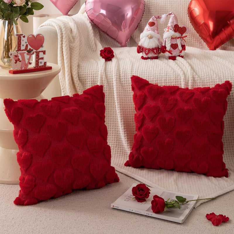 ASABITE Valentines Pillow Covers Set of 2, 3D Red Heart Love Throw Pillow Covers, Red Square Couch Pillow Cover 18x18 inch, Cute Heart Soft Plush Pillow Covers for Couch Sofa Room Valentines Day Decor - Image 4