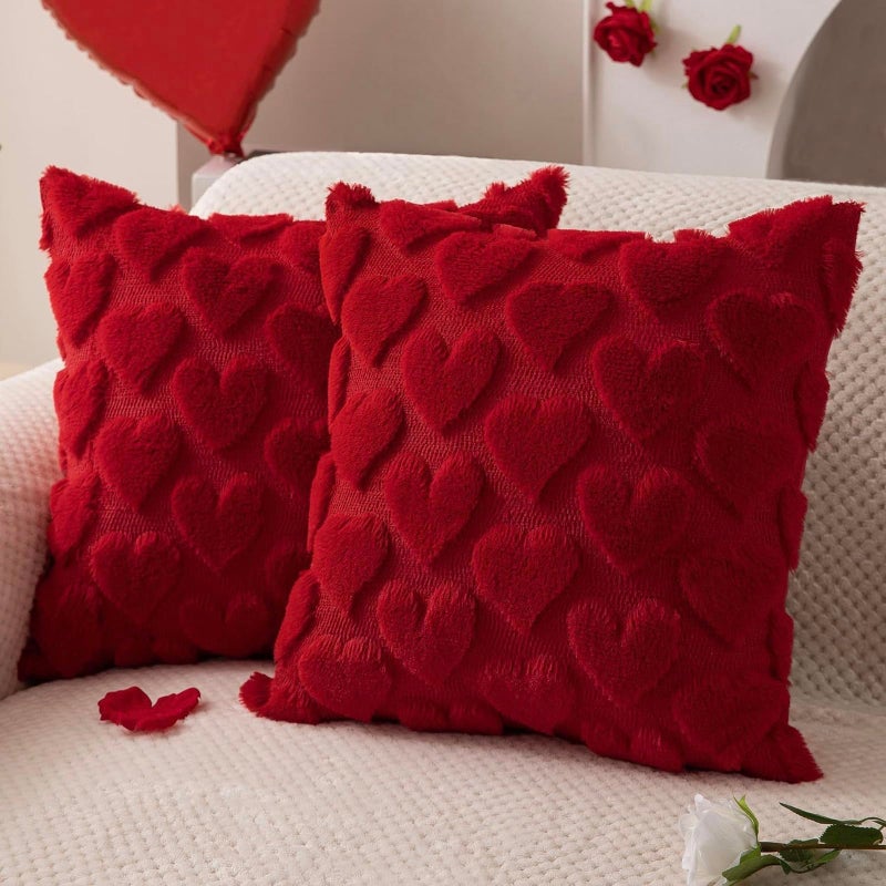 ASABITE Valentines Pillow Covers Set of 2, 3D Red Heart Love Throw Pillow Covers, Red Square Couch Pillow Cover 18x18 inch, Cute Heart Soft Plush Pillow Covers for Couch Sofa Room Valentines Day Decor - Image 1