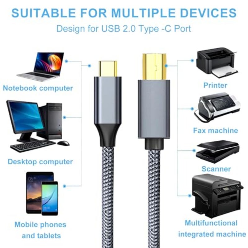 2M Cable Type C Printer to USB 2.0 Nylon Braided, Cable compatible with Canon Epson HP Lexmark Laptop Mobile Phone Printing and other Usb A/B Devices Data Connection Midi Cable, Printer Scanner Cord - Image 4