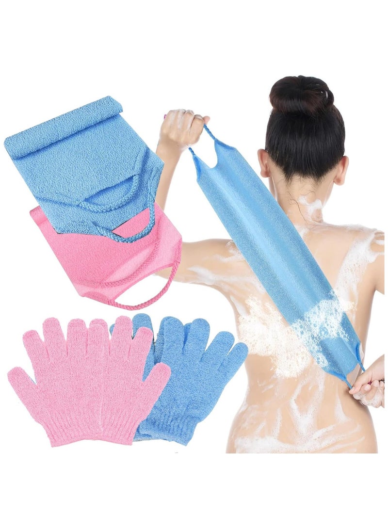 3 قطع قفازات تنظيف الظهر, 2 تقشير الجسم تنظيف الظهر نايلون غسالة الظهر, 4 قطع قفازات تنظيف ممتازة للحمام, حمام معدني, تدليك, خربشات جسم -ملحقات تقشير حمام معدني للرجال والنساء (أزرق + وردي) - Image 1
