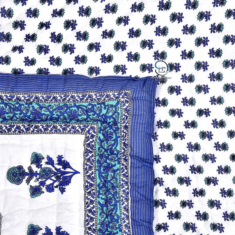 Lilfly 100% Cotton Hand Made 210 TC Sanganeri Print Jaipuri Rajai AC Quilt Razai, Single Bed Reversible Blue Booti Flower Design, 55x85 inch, Both Sided - Blue Set of 1 TDS-8 - Image 5