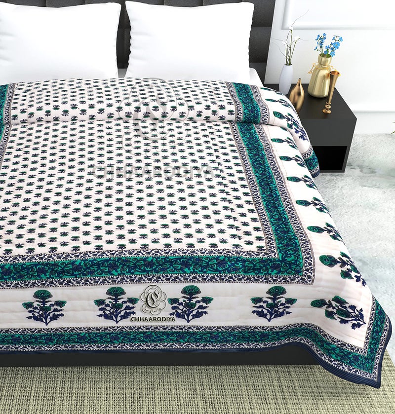 Lilfly 100% Cotton Hand Made 210 TC Sanganeri Print Jaipuri Rajai AC Quilt Razai, Single Bed Reversible Blue Booti Flower Design, 55x85 inch, Both Sided - Blue Set of 1 TDS-8 - Image 3