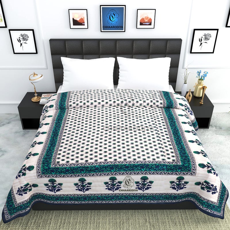 Lilfly 100% Cotton Hand Made 210 TC Sanganeri Print Jaipuri Rajai AC Quilt Razai, Single Bed Reversible Blue Booti Flower Design, 55x85 inch, Both Sided - Blue Set of 1 TDS-8 - Image 2