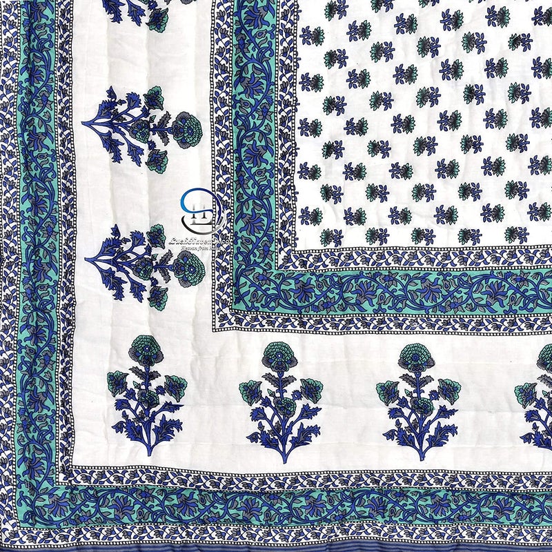 Lilfly 100% Cotton Hand Made 210 TC Sanganeri Print Jaipuri Rajai AC Quilt Razai, Single Bed Reversible Blue Booti Flower Design, 55x85 inch, Both Sided - Blue Set of 1 TDS-8 - Image 4