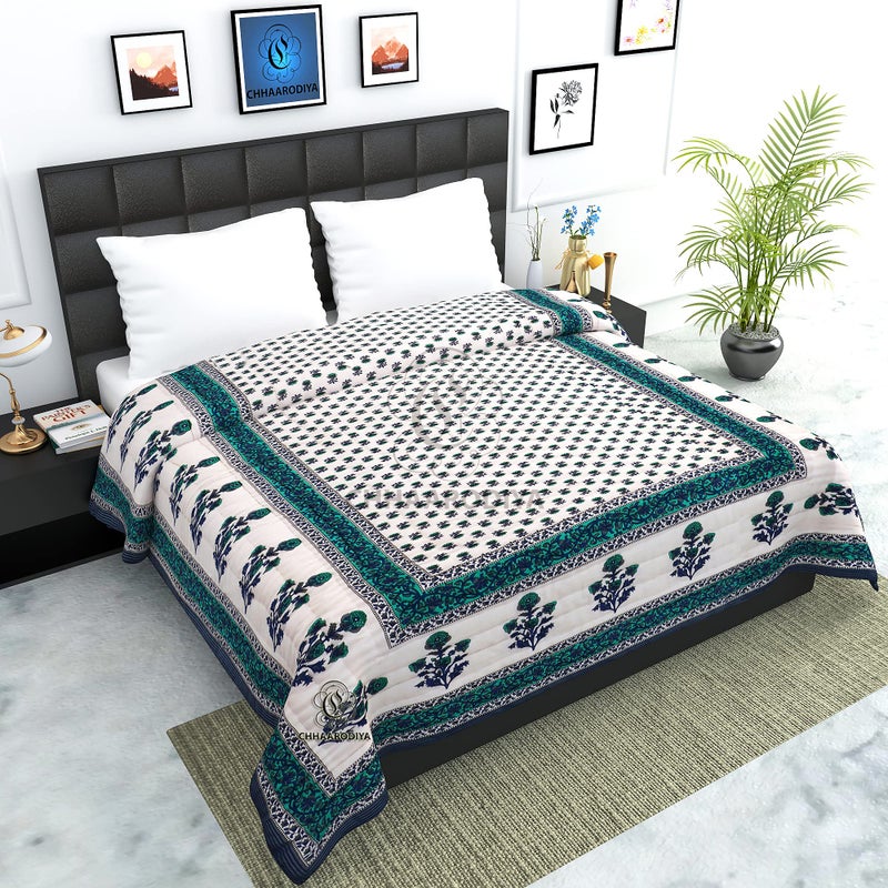 Lilfly 100% Cotton Hand Made 210 TC Sanganeri Print Jaipuri Rajai AC Quilt Razai, Single Bed Reversible Blue Booti Flower Design, 55x85 inch, Both Sided - Blue Set of 1 TDS-8 - Image 1