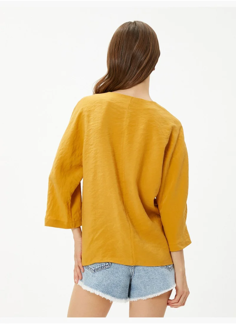 كوتون Short Sleeve V Neck Crop Blouse
