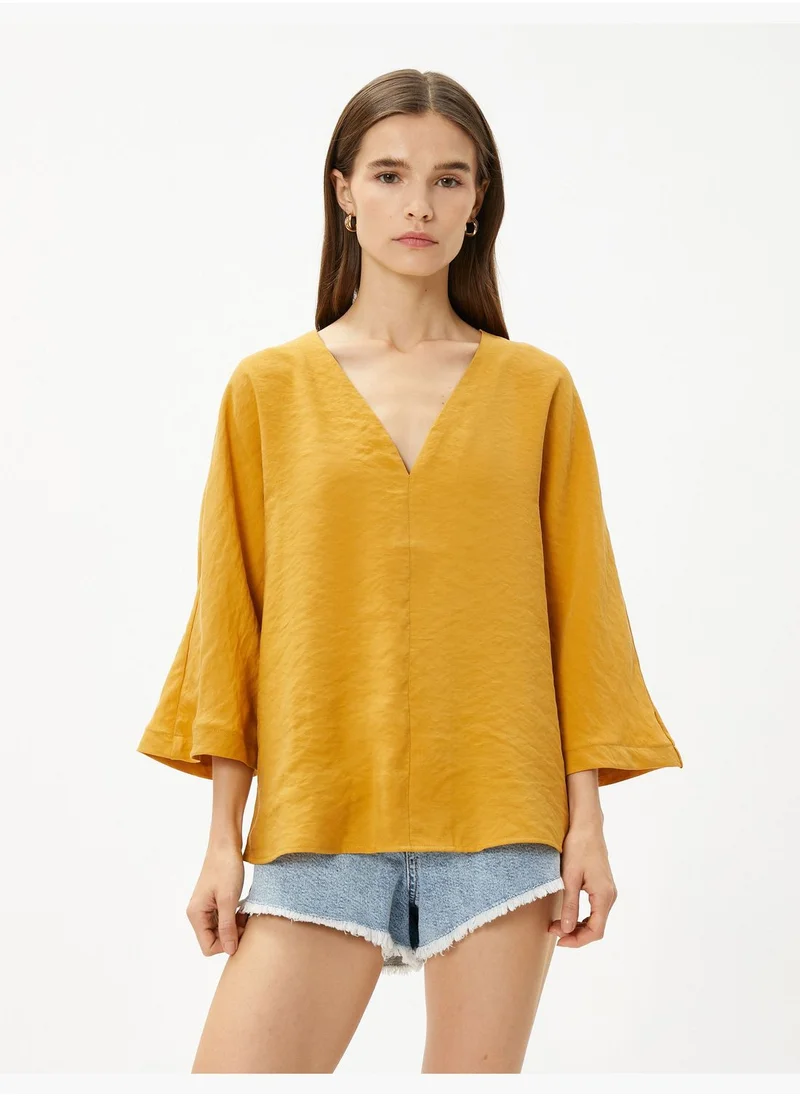 كوتون Short Sleeve V Neck Crop Blouse