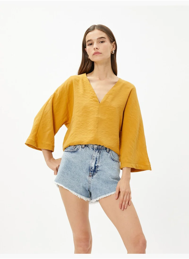 KOTON Short Sleeve V Neck Crop Blouse