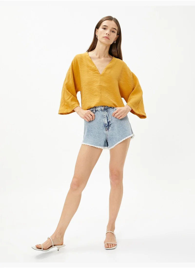 KOTON Short Sleeve V Neck Crop Blouse