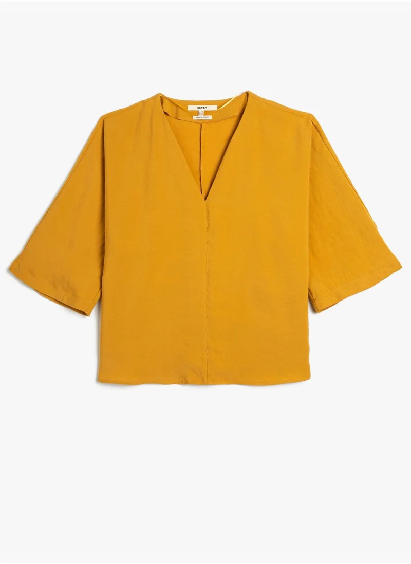 كوتون Short Sleeve V Neck Crop Blouse