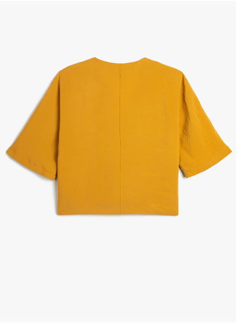 كوتون Short Sleeve V Neck Crop Blouse