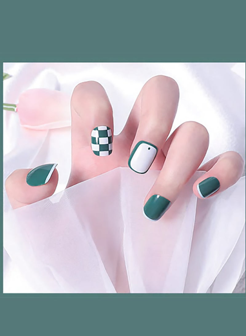 24Pcs Cartoon Soft Gel Fake Nails Short, Salon Like Press on Nails Short, No Fade Out, Seamless Glue on Nails for Woman Nail ,The Middle East Girl (Green Grid)