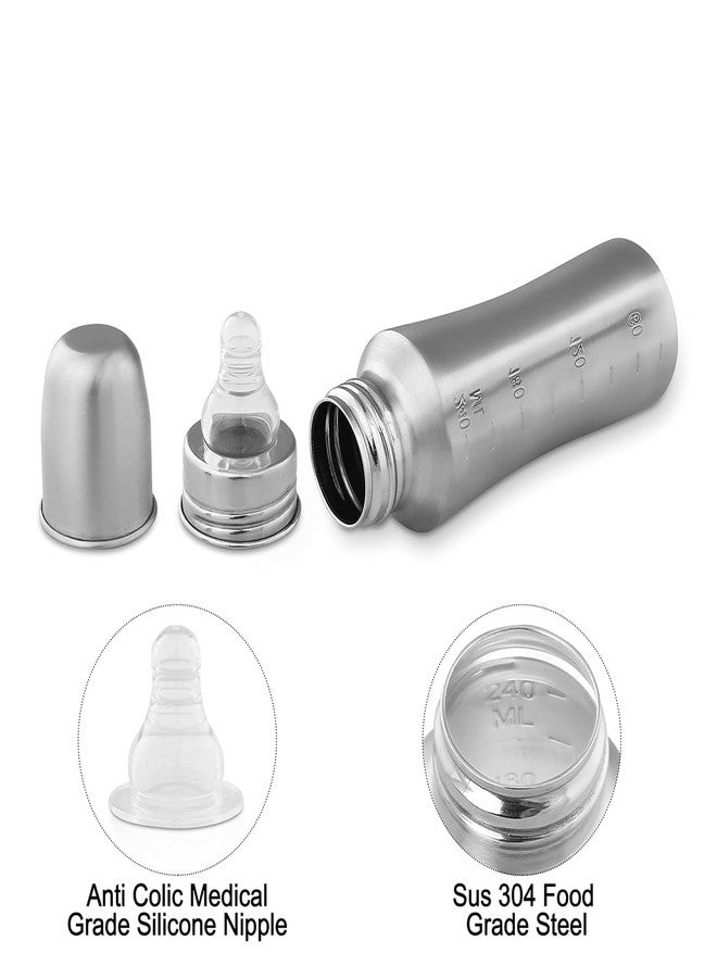 Miracle Moms Stainless Steel Feeding Bottle 304 Grade Steel with Anti Colic Silicone Nipples - 250 ml (Silver) /Ideal for Newborns and Toddlers (Pack of 1) - Image 3