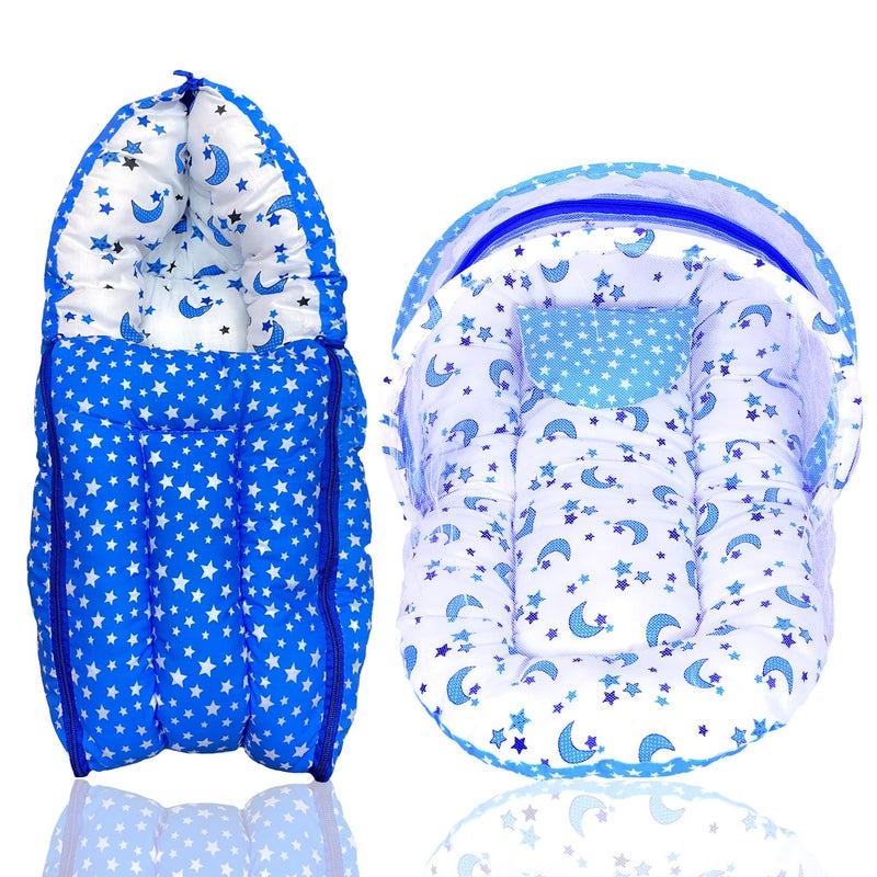 Kid's Charm Kids Charm Star Moon 2 PCS Combo Set 3 in 1 Babys Cotton Cum Carry Bed2 in 1 Babys Cotton Bed with Mosquito Net for 48 Months Blue - Image 1