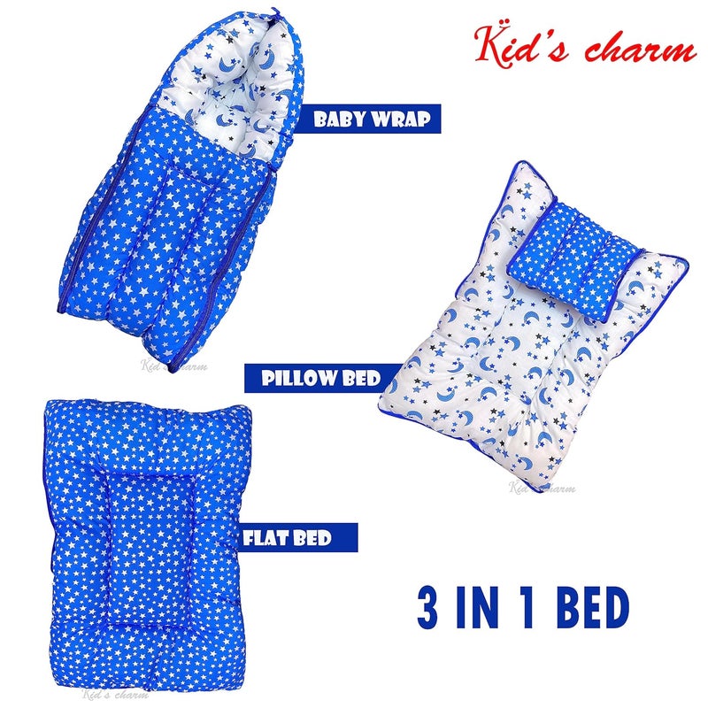 Kid's Charm Kids Charm Star Moon 2 PCS Combo Set 3 in 1 Babys Cotton Cum Carry Bed2 in 1 Babys Cotton Bed with Mosquito Net for 48 Months Blue - Image 2