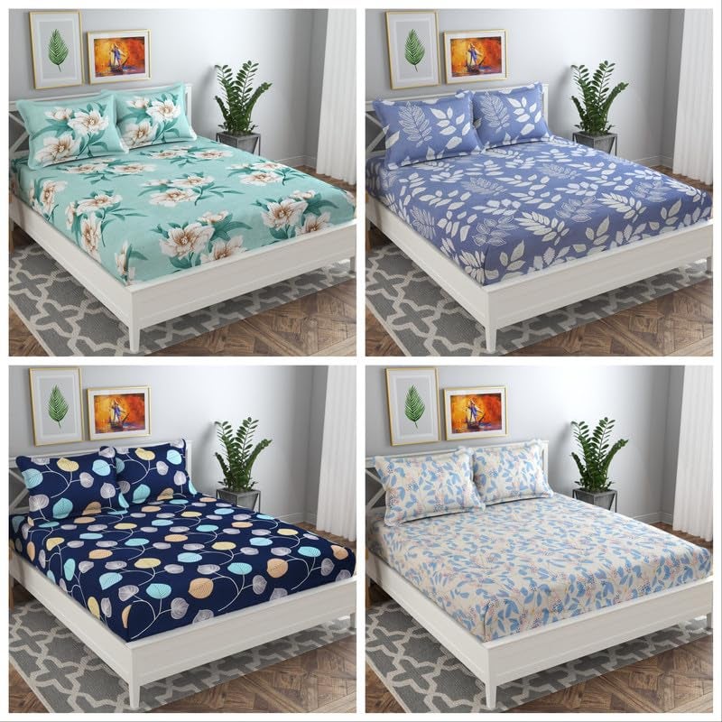VAS COLLECTIONS Prime Combo Pack of 4 Double Bedsheets with 8 Pillow Covers | 160 TC Soft Brushed Glace Cotton -Long Lasting & Wrinkle Free - | 225X228 Cm Or 7.5X7.5 Ft-Grey White & Blue - Image 1
