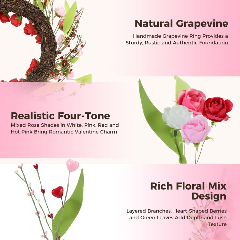 PILAVIN Valentines Day Wreath Decor, 18 inch Artificial Rose with Heart Green Leaf, Valentines Wreaths for Front Door Wedding Anniversary Party Valentineâ€™s Day Door Wreath Decorations (Rose) - Image 3
