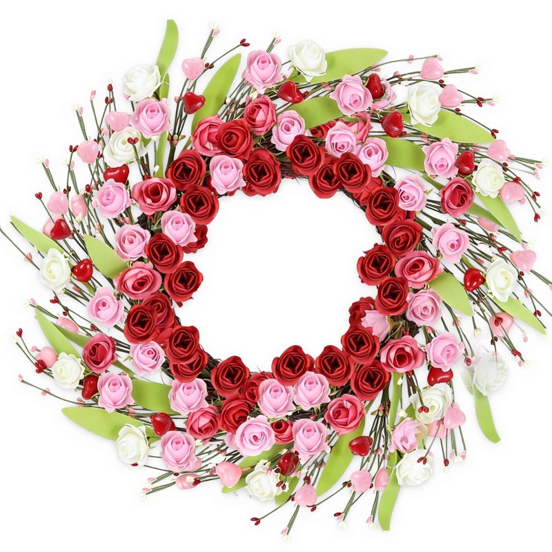 PILAVIN Valentines Day Wreath Decor, 18 inch Artificial Rose with Heart Green Leaf, Valentines Wreaths for Front Door Wedding Anniversary Party Valentineâ€™s Day Door Wreath Decorations (Rose) - Image 1