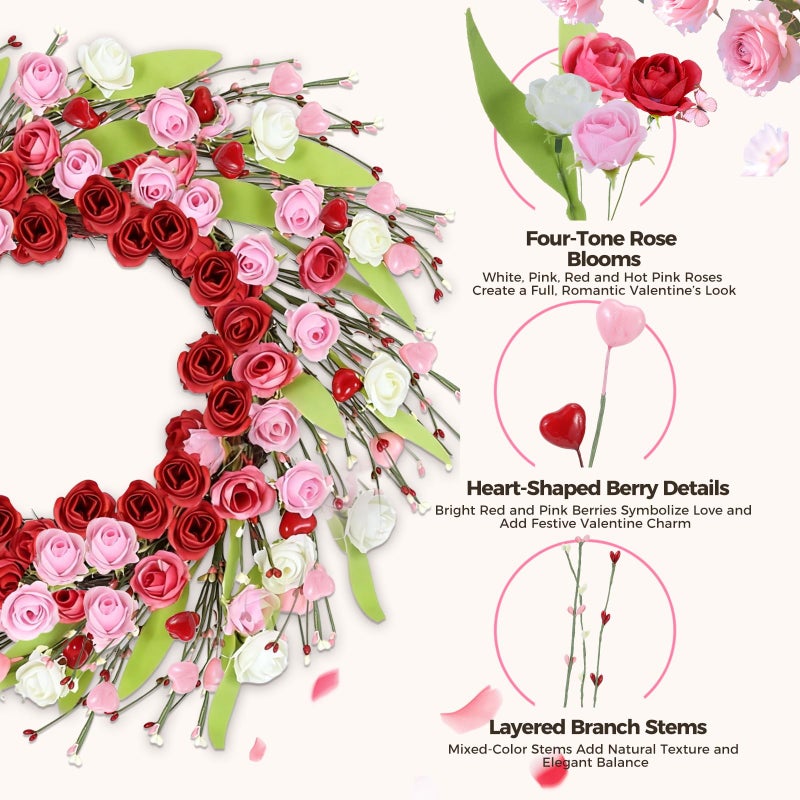 PILAVIN Valentines Day Wreath Decor, 18 inch Artificial Rose with Heart Green Leaf, Valentines Wreaths for Front Door Wedding Anniversary Party Valentineâ€™s Day Door Wreath Decorations (Rose) - Image 2