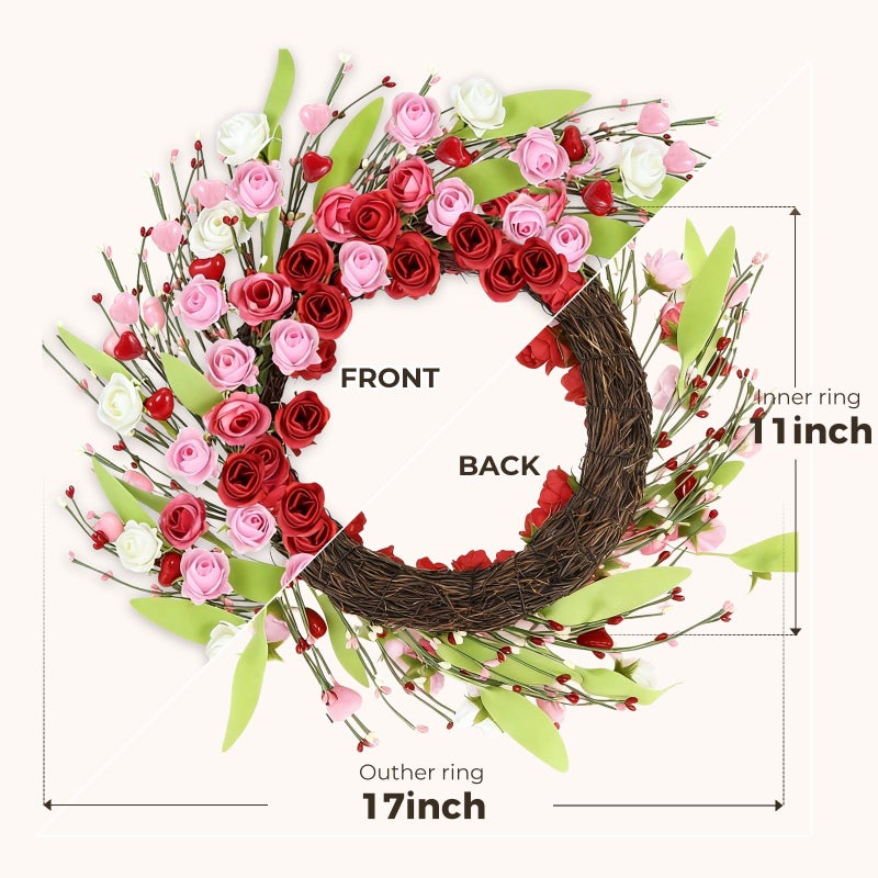 PILAVIN Valentines Day Wreath Decor, 18 inch Artificial Rose with Heart Green Leaf, Valentines Wreaths for Front Door Wedding Anniversary Party Valentineâ€™s Day Door Wreath Decorations (Rose) - Image 4